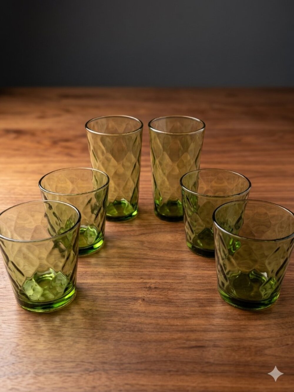 Vintage Indiana Glass Diamond Point Avocado Green Set of 6 - Pristine MCM